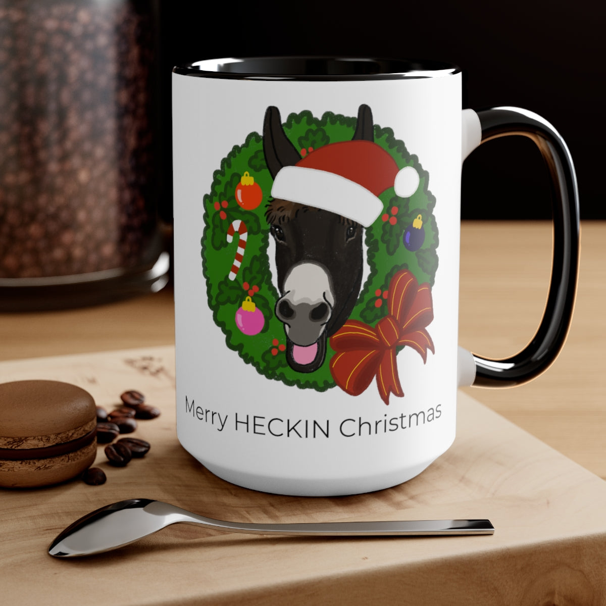 Monte the Singing Donkey Christmas Two-Tone Mugs, 15oz