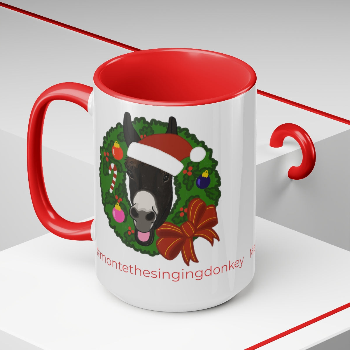 Monte the Singing Donkey Christmas Two-Tone Mugs, 15oz
