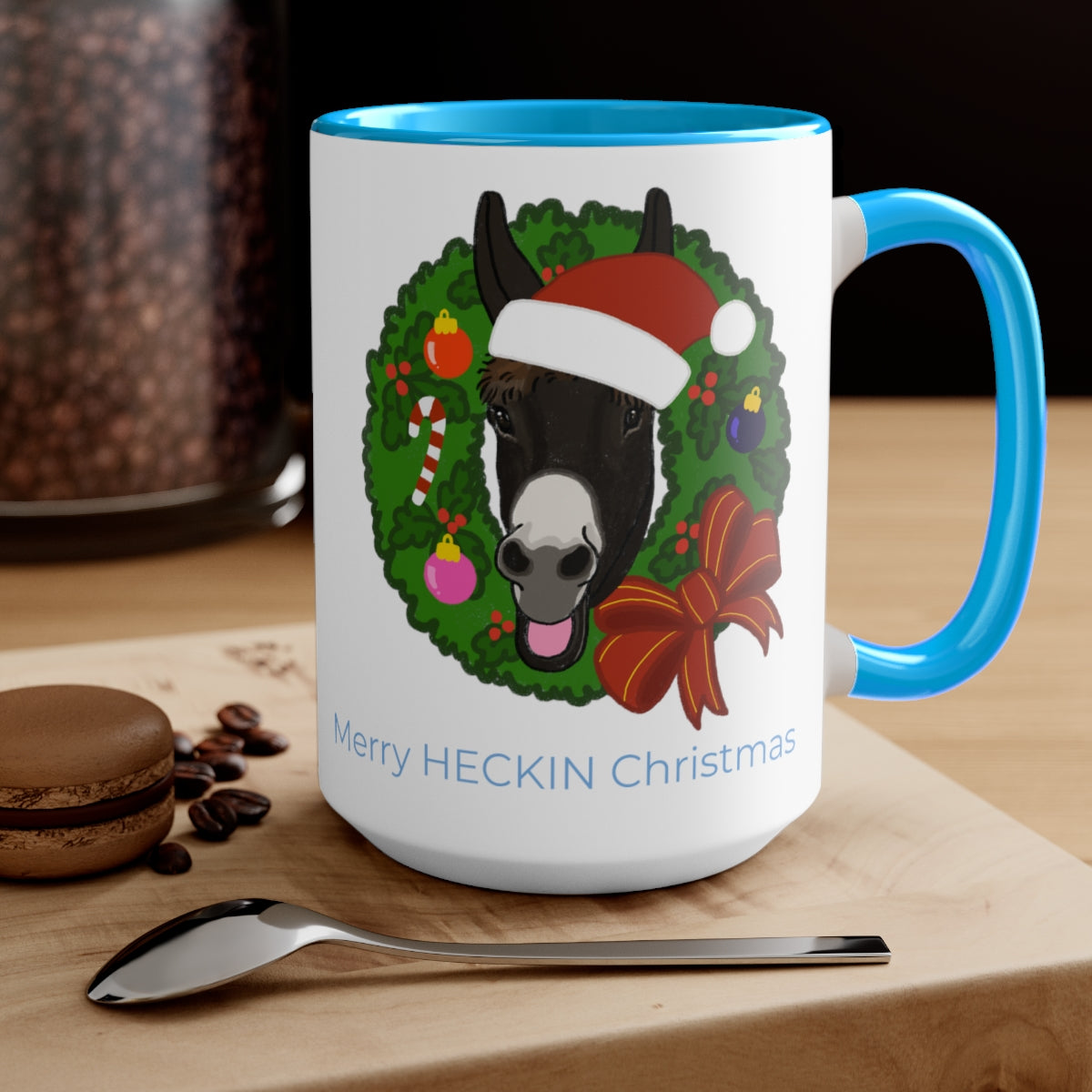 Monte the Singing Donkey Christmas Two-Tone Mugs, 15oz