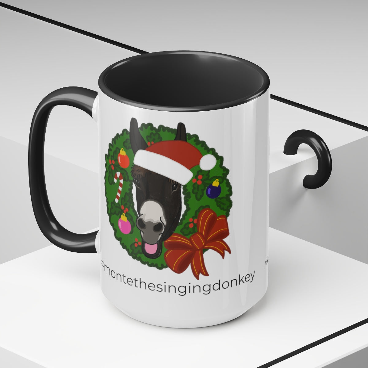 Monte the Singing Donkey Christmas Two-Tone Mugs, 15oz